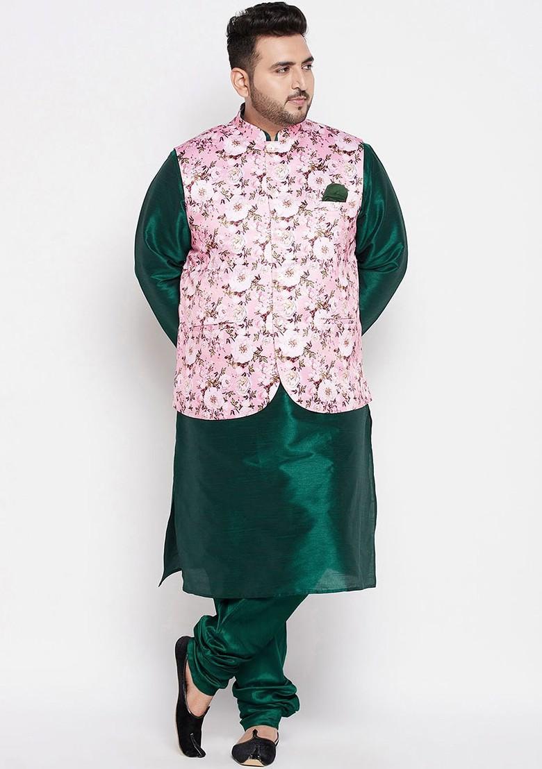 Green Floral Print Poly Blend Kurta Set For Men