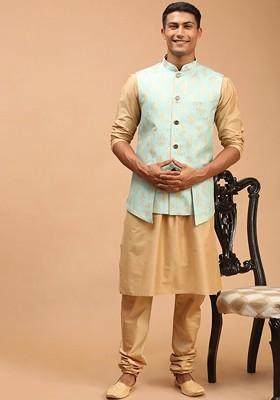 Rose Gold Woven Poly Blend Kurta Set For Men