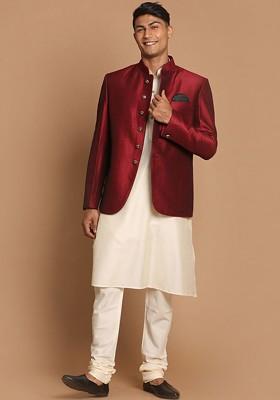 Cream Solid Poly Blend Kurta Set For Men
