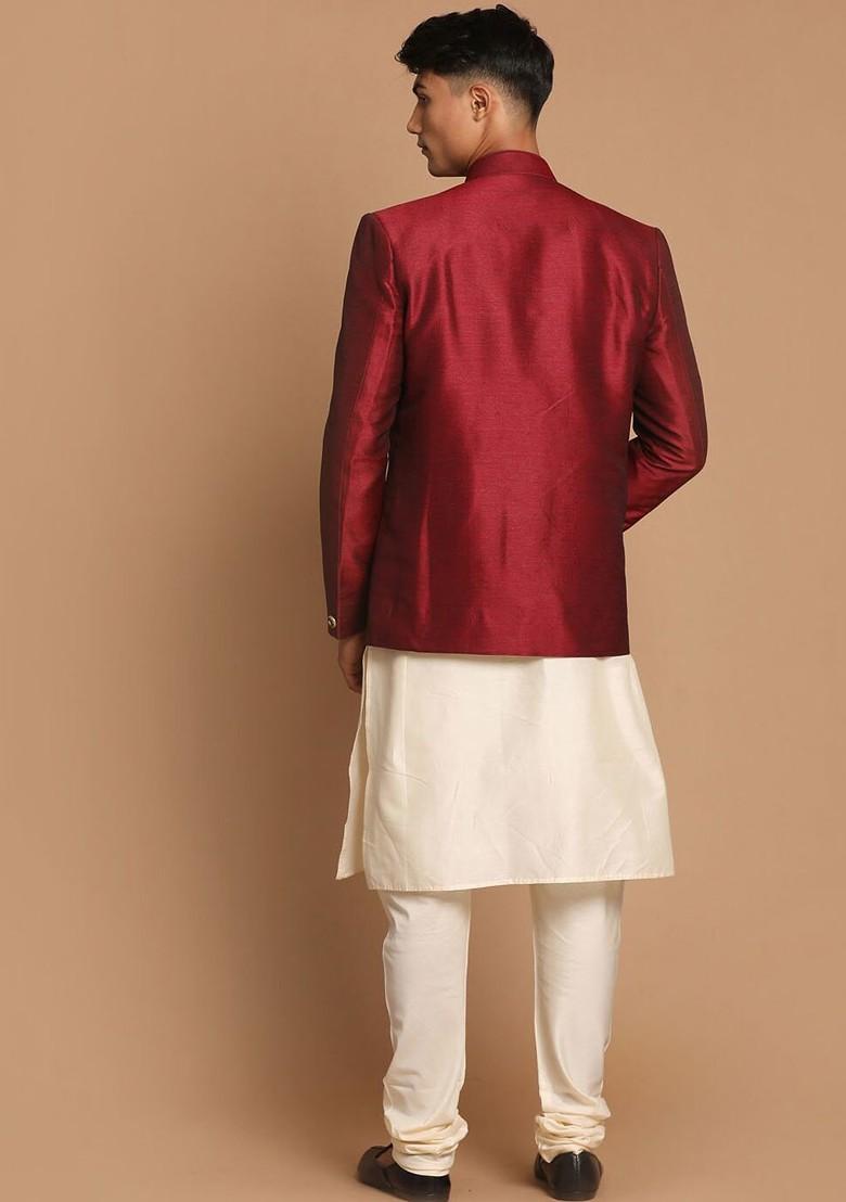 Cream Solid Poly Blend Kurta Set For Men