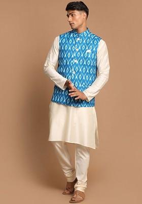 Cream Solid Poly Blend Kurta Set For Men