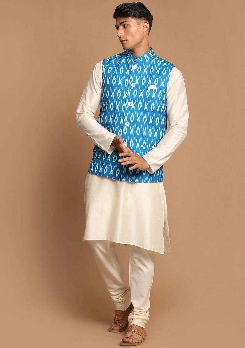 Cream Solid Poly Blend Kurta Set For Men