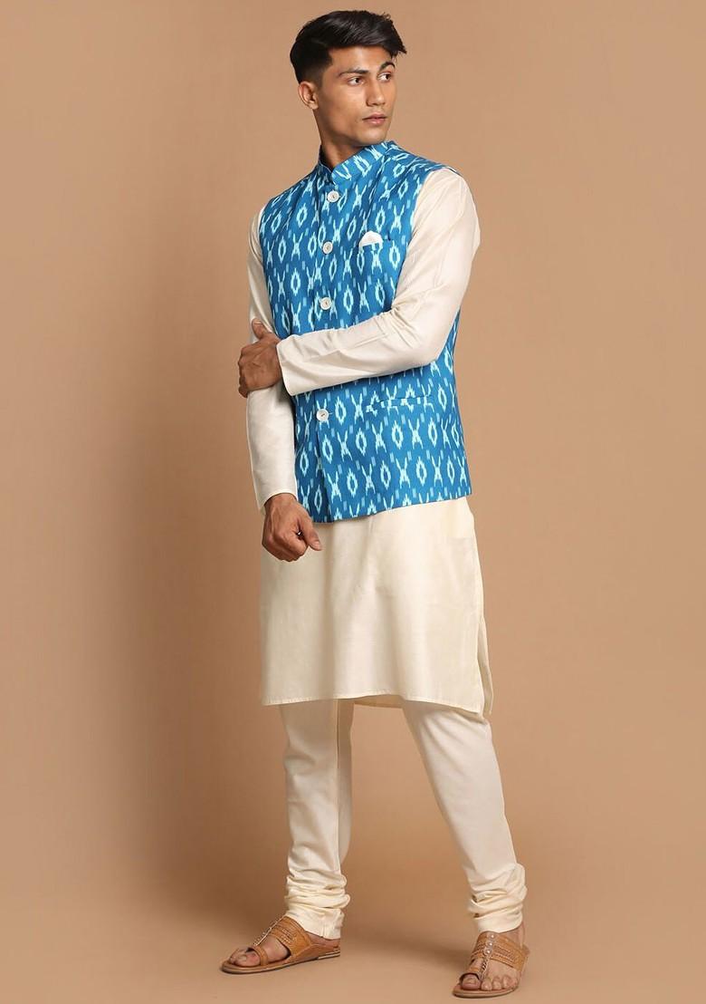 Cream Solid Poly Blend Kurta Set For Men