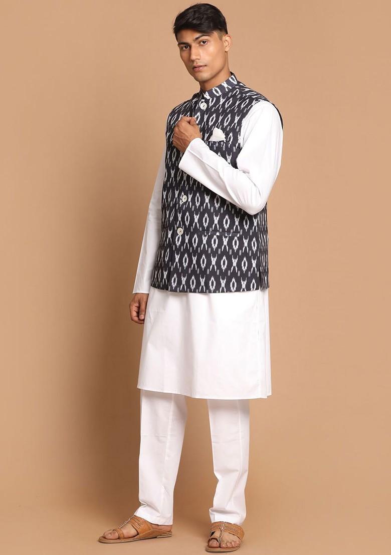 White Solid Cotton Kurta Set For Men