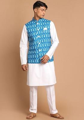 White Printed Cotton Kurta Set For Men
