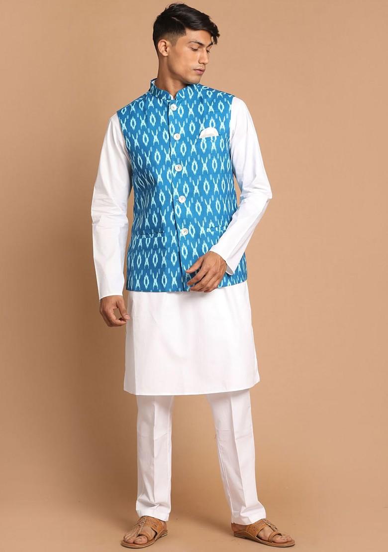 White Printed Cotton Kurta Set For Men