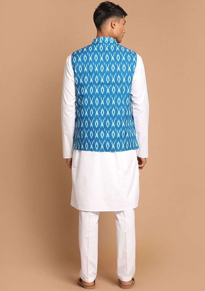 White Printed Cotton Kurta Set For Men - Indya