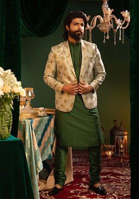 Green Ethnic Motifs Poly Blend Kurta Set For Men