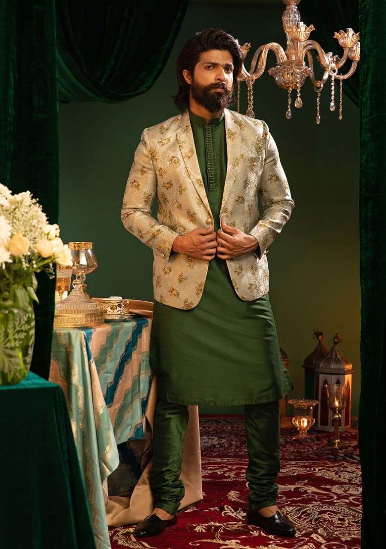 Green Ethnic Motifs Poly Blend Kurta Set For Men - Indya
