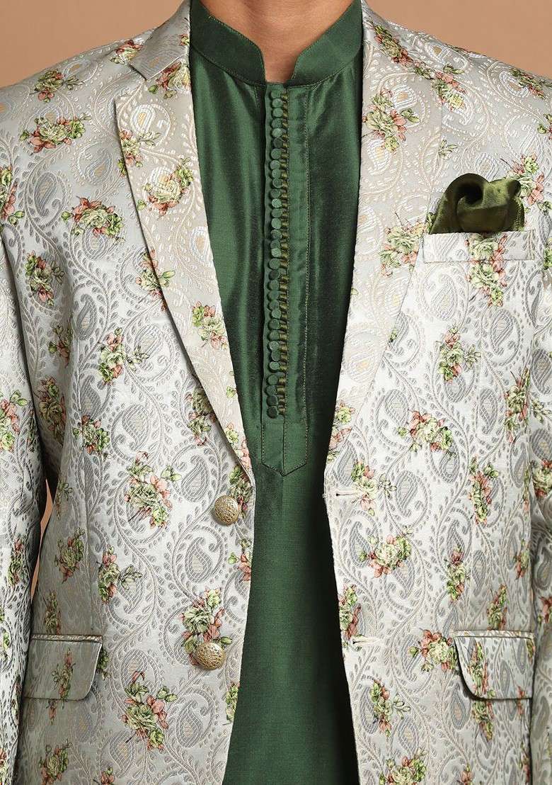 Green Ethnic Motifs Poly Blend Kurta Set For Men - Indya
