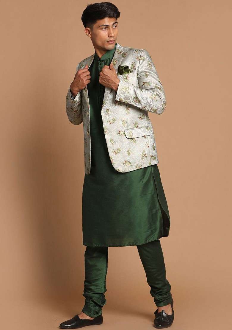 Green Ethnic Motifs Poly Blend Kurta Set For Men - Indya