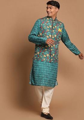 Green Printed Poly Blend Kurta Set For Men