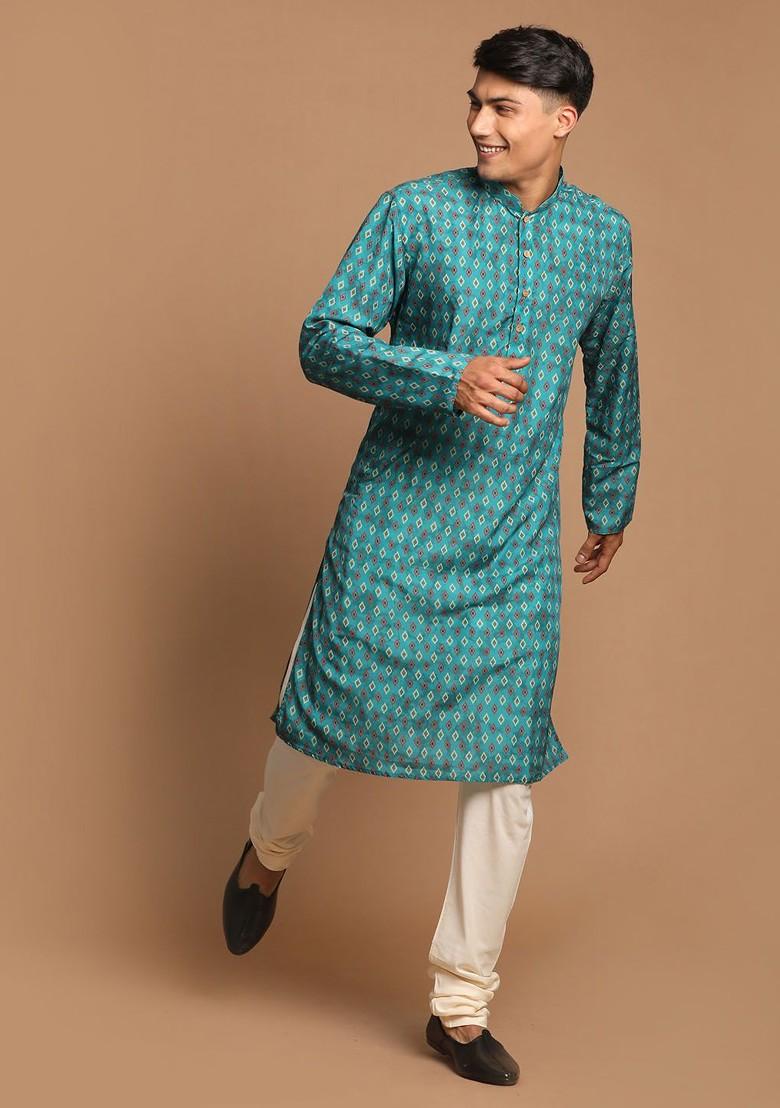 Green Printed Poly Blend Kurta Set For Men