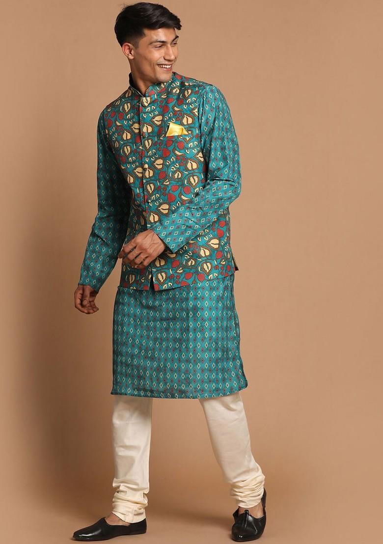 Green Printed Poly Blend Kurta Set For Men