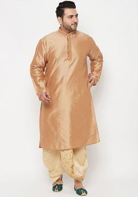 Rose Gold Embroidered Poly Blend Kurta Set For Men