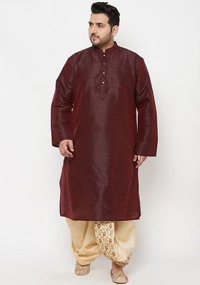 Burgundy Solid Poly Blend Kurta Set For Men