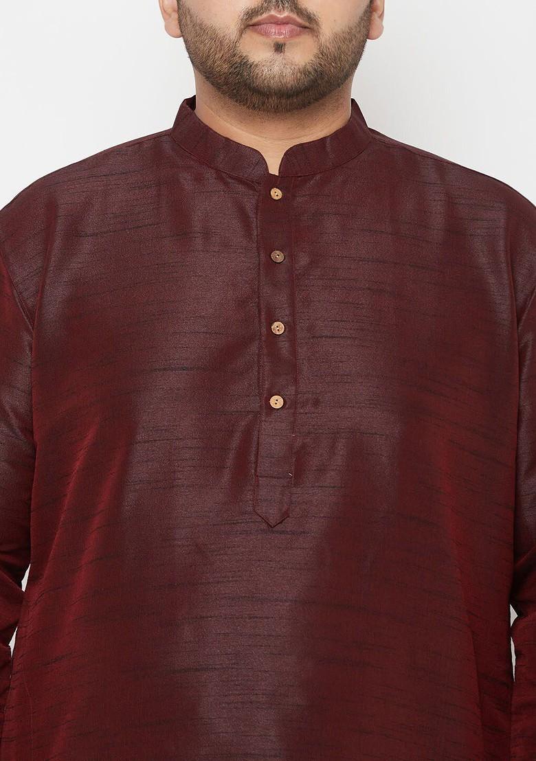 Burgundy Solid Poly Blend Kurta Set For Men