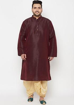 Burgundy Solid Poly Blend Kurta Set For Men