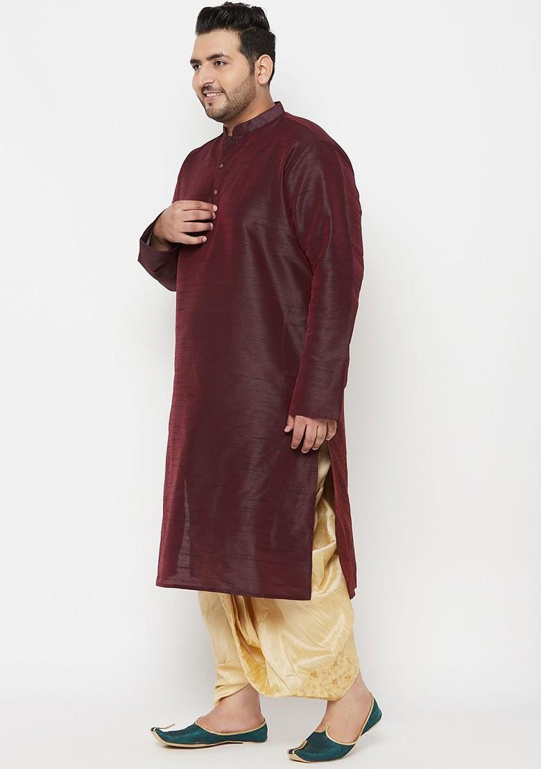 Burgundy Solid Poly Blend Kurta Set For Men
