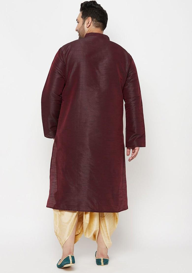 Burgundy Solid Poly Blend Kurta Set For Men