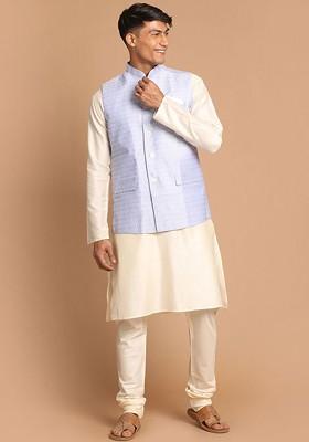 Beige Solid Poly Blend Kurta Set For Men