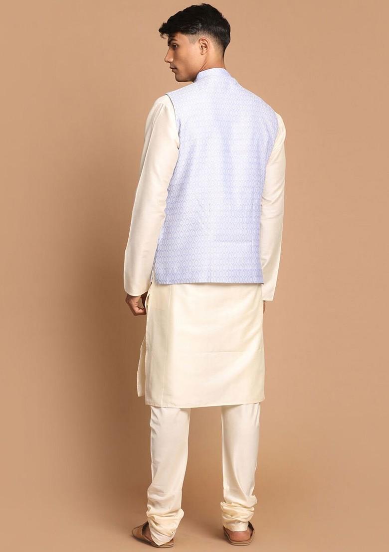 Beige Solid Poly Blend Kurta Set For Men