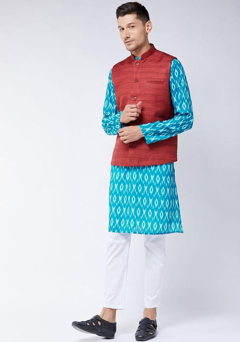 Turquoise Blue Printed Poly Blend Kurta Set For Men
