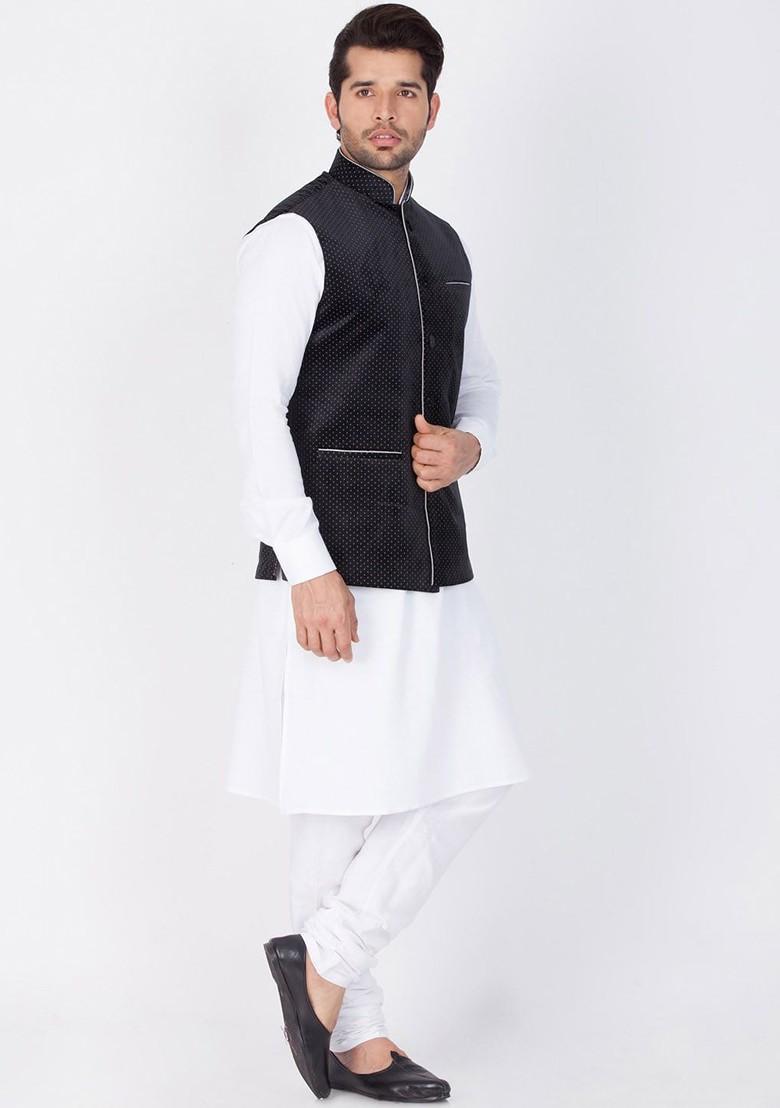 White Solid Cotton Kurta Set For Men