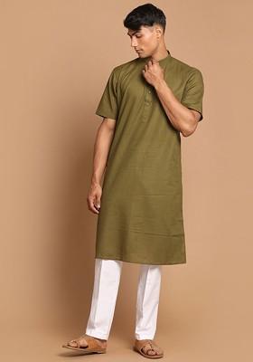 Olive Solid Poly Blend Kurta Set For Men
