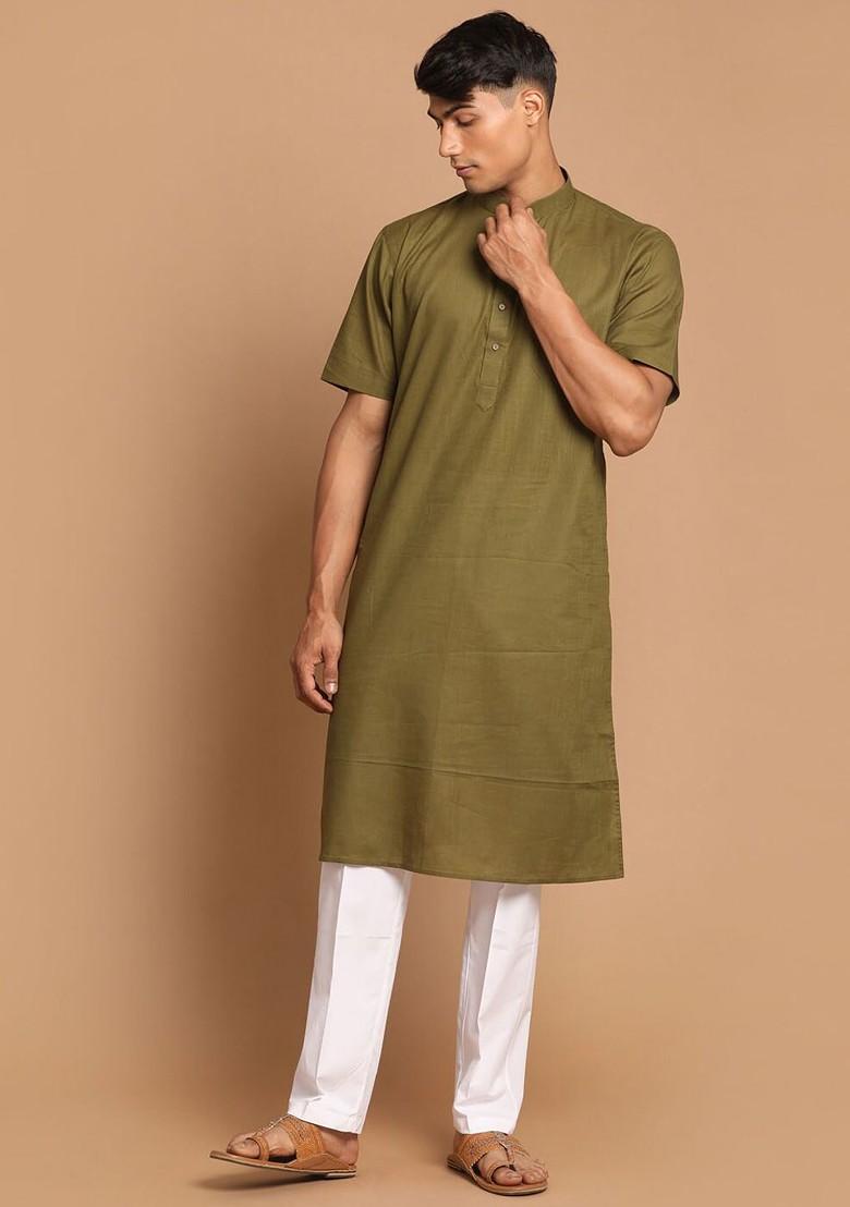 Olive Solid Poly Blend Kurta Set For Men