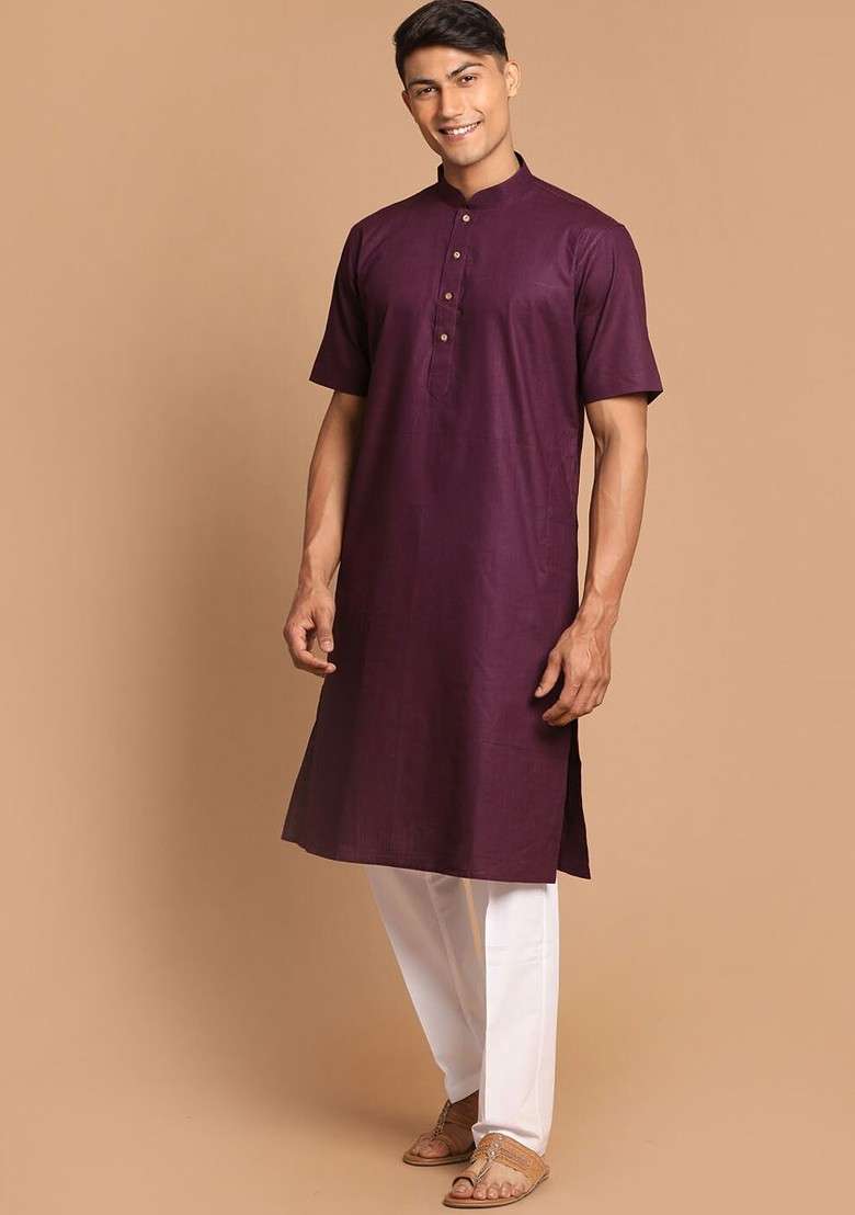 Purple Solid Poly Blend Kurta Set For Men - Indya