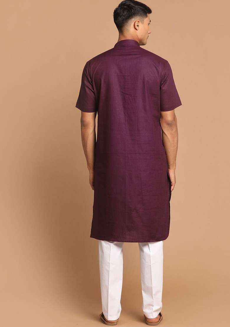 Purple Solid Poly Blend Kurta Set For Men - Indya