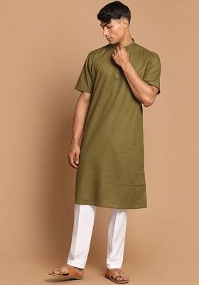 Olive Solid Poly Blend Kurta Set For Men