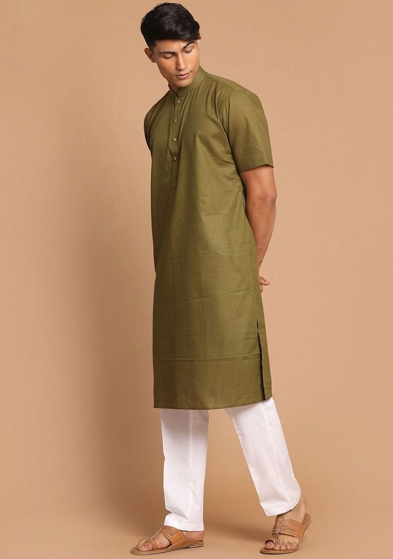 Olive Solid Poly Blend Kurta Set For Men