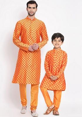 Orange Printed Poly Blend Kurta Set For Men