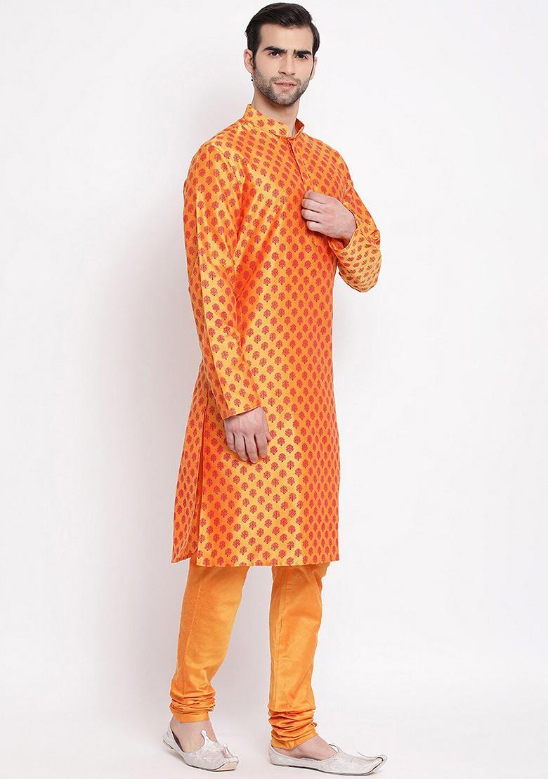 Orange Printed Poly Blend Kurta Set For Men