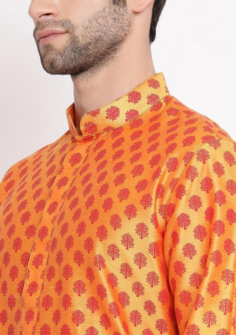 Orange Printed Poly Blend Kurta Set For Men
