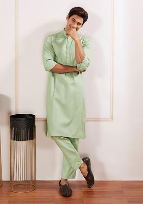 Green Solid Poly Blend Kurta Set For Men