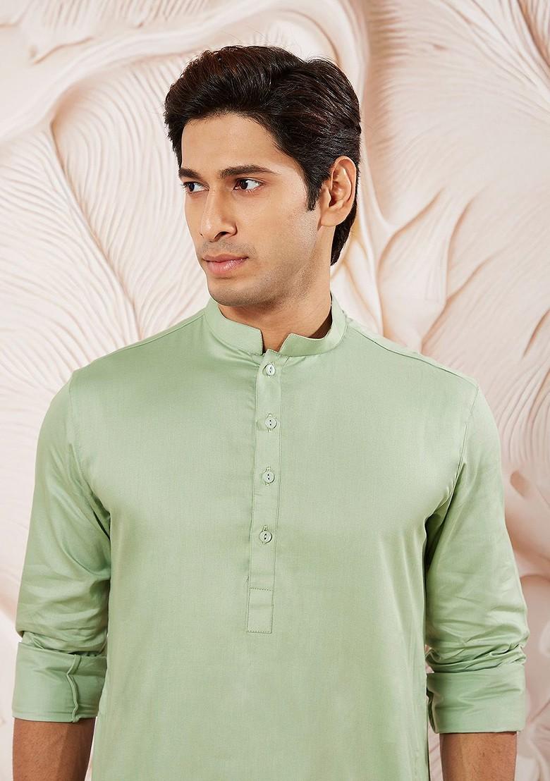 Green Solid Poly Blend Kurta Set For Men