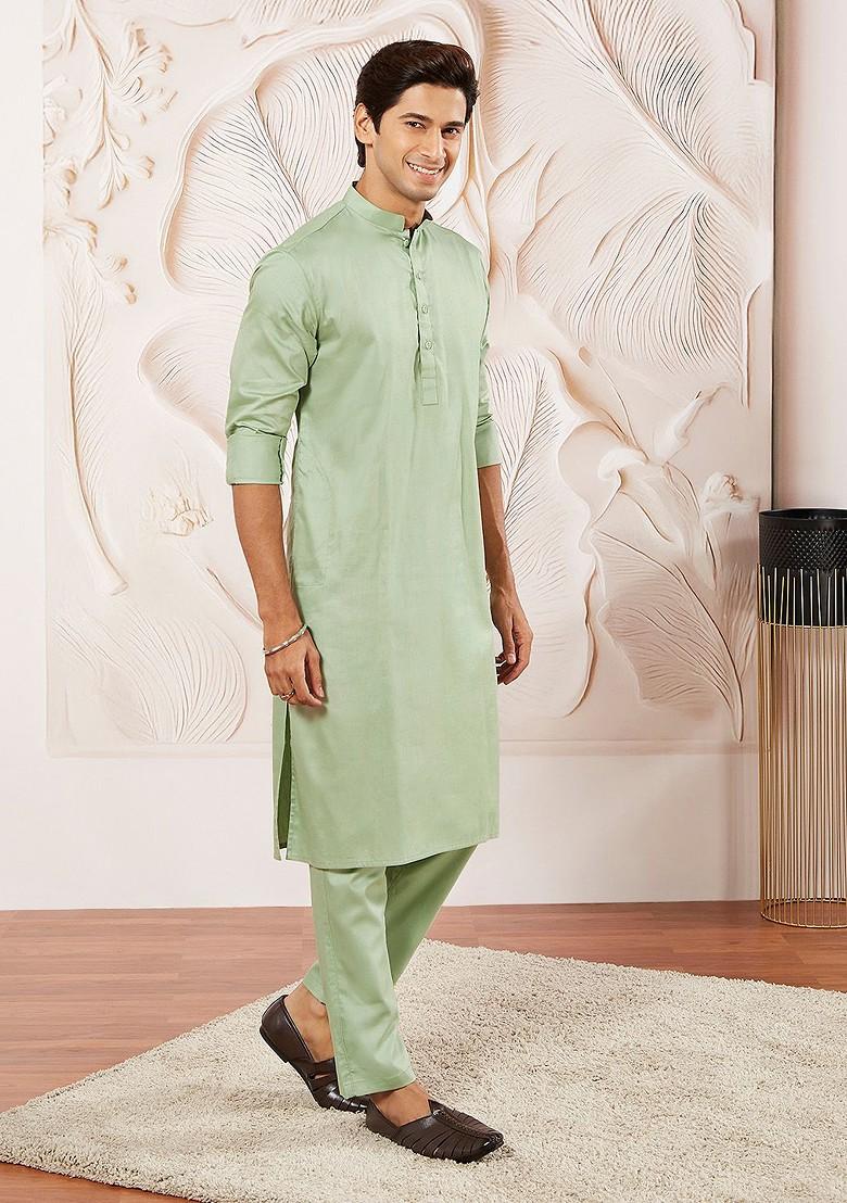 Green Solid Poly Blend Kurta Set For Men