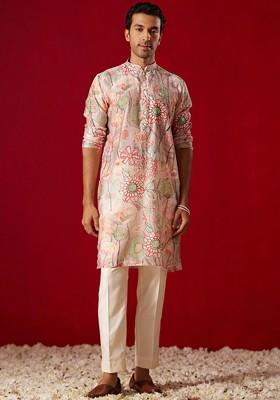 Pink Floral Print Poly Blend Kurta Set For Men
