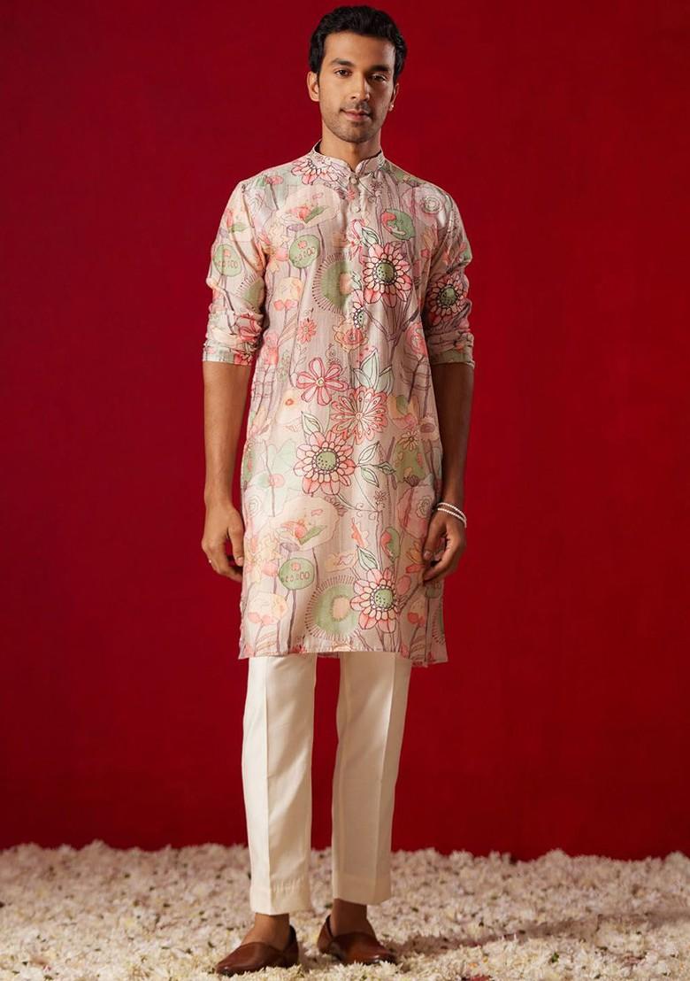 Pink Floral Print Poly Blend Kurta Set For Men