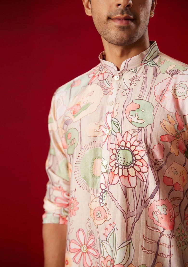 Pink Floral Print Poly Blend Kurta Set For Men