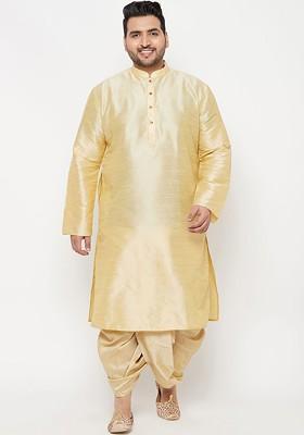 Gold Solid Poly Blend Kurta Set For Men
