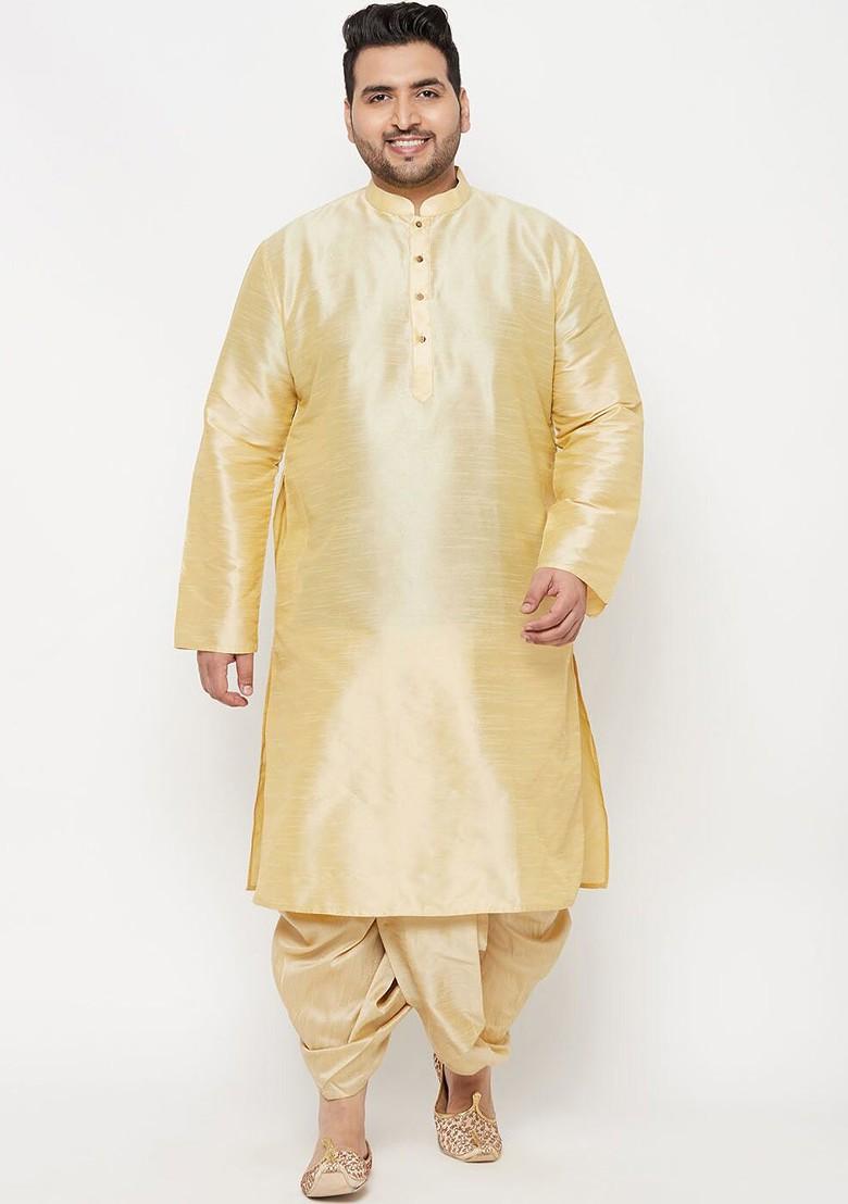 Gold Solid Poly Blend Kurta Set For Men