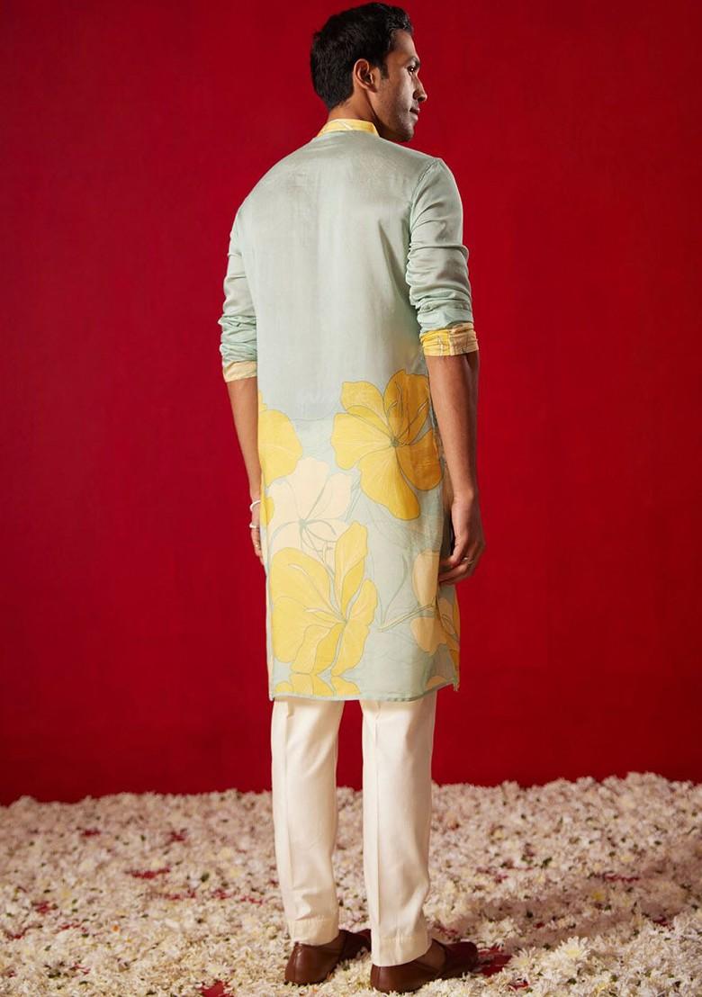 Blue Floral Print Poly Blend Kurta Set For Men