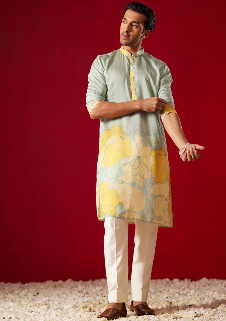 Blue Floral Print Poly Blend Kurta Set For Men