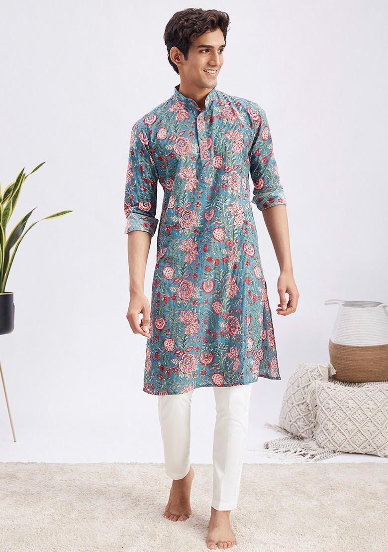 Blue Floral Print Cotton Kurta Set For Men