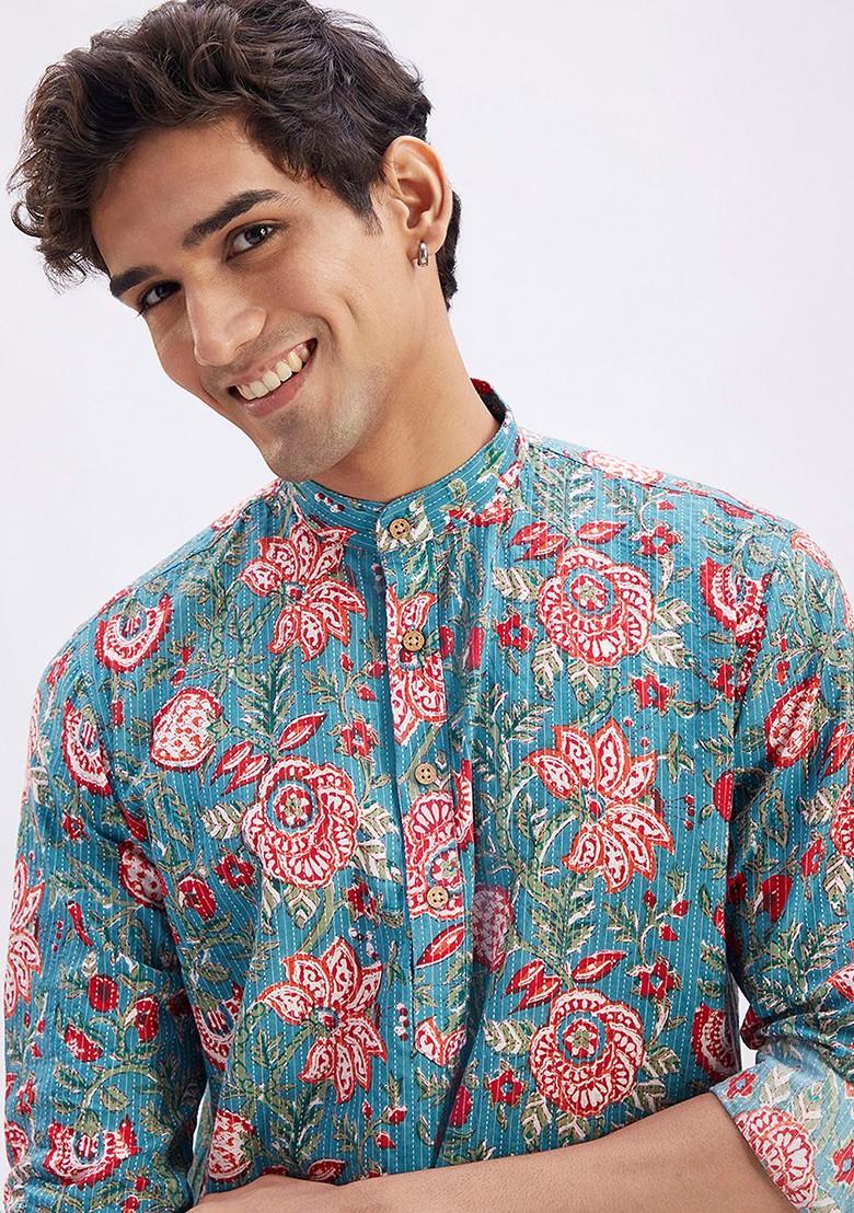 Blue Floral Print Cotton Kurta Set For Men