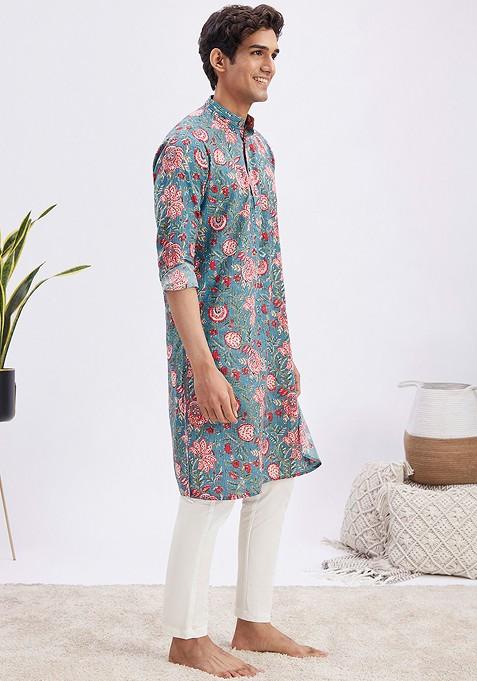 Blue Floral Print Cotton Kurta Set For Men